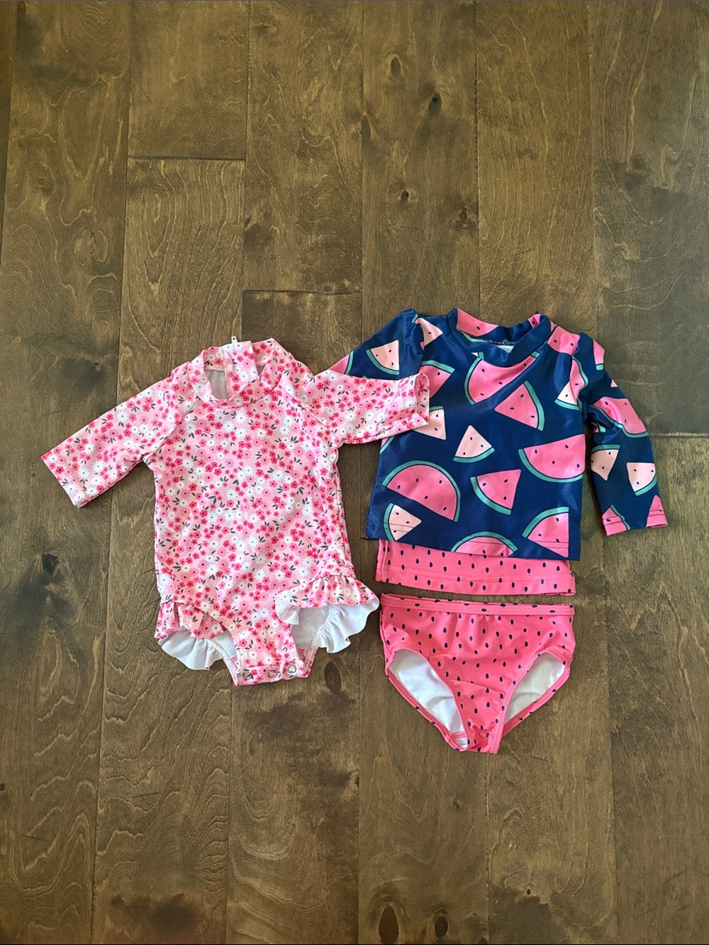 Bundle of 2 Baby Girl Pink Floral & Navy Watermelon Two-Piece Swim Set 3-6M